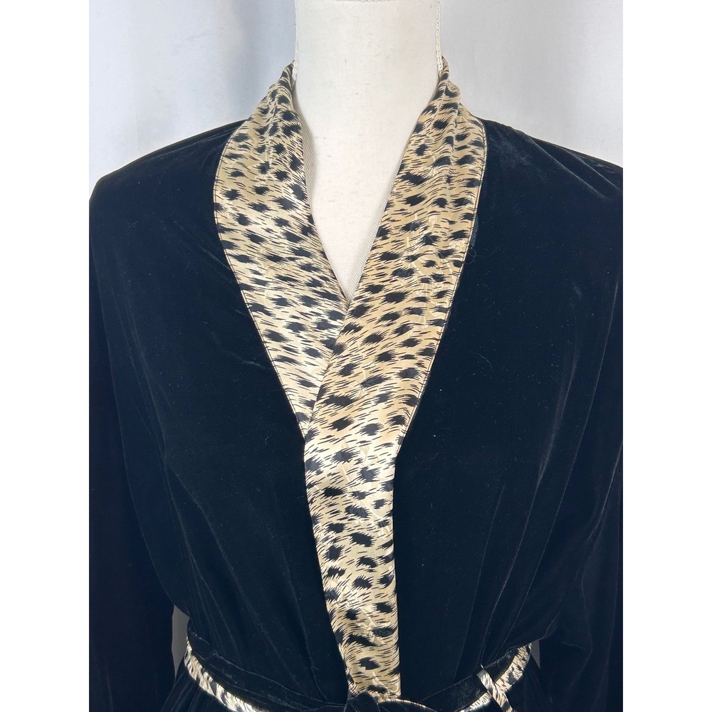 August Silk Velvet Robe Women Size 8 Black Leopard Trim Long Duster - Picture 2 of 11